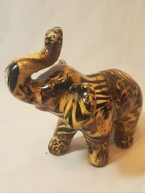 La Vie Vintage Hand-Painted Ceramic Elephant Sculpture Gold and Black Patchwork